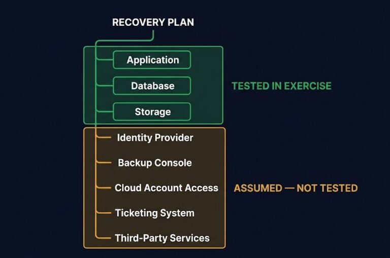 DR plan failure — recovery plan dependency tree with assumed-not-tested components highlighted