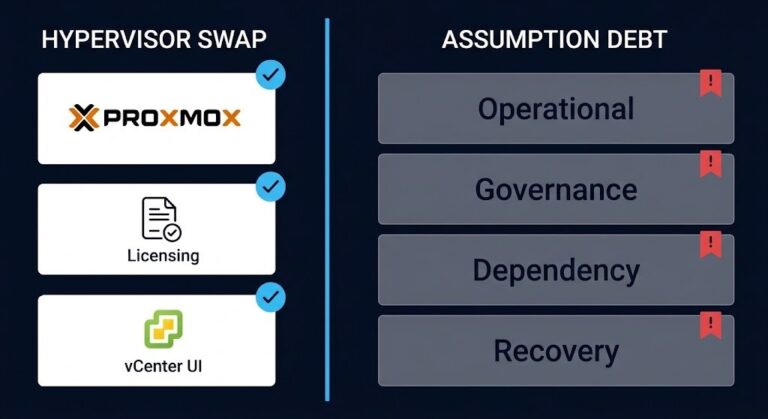 proxmox migration assumptions — four assumption layers surviving hypervisor swap diagram