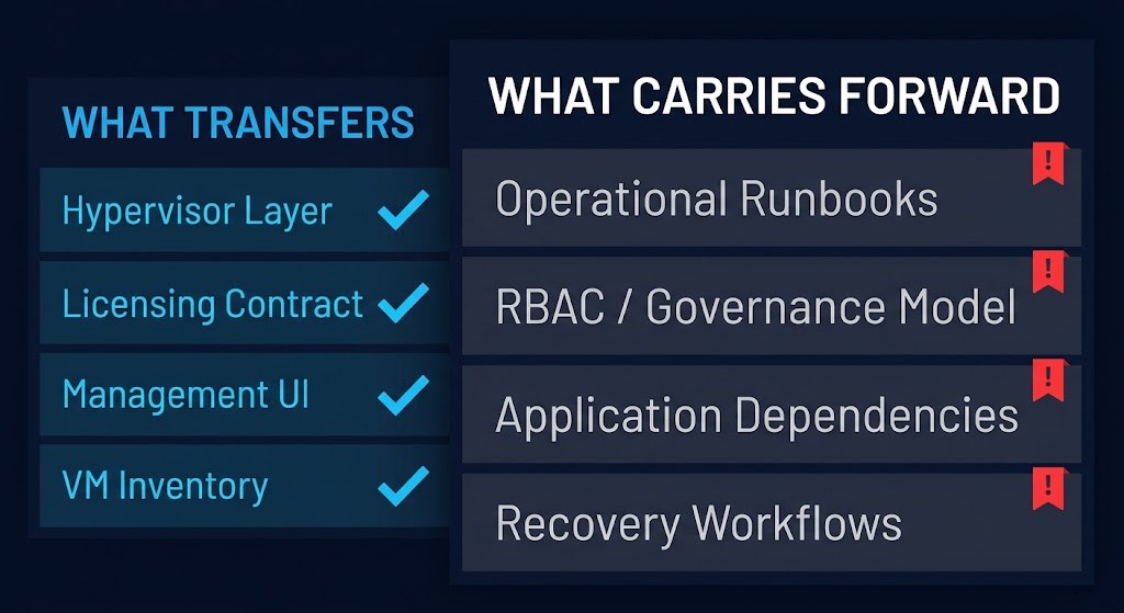proxmox migration — hypervisor swap versus operating model carry-forward diagram