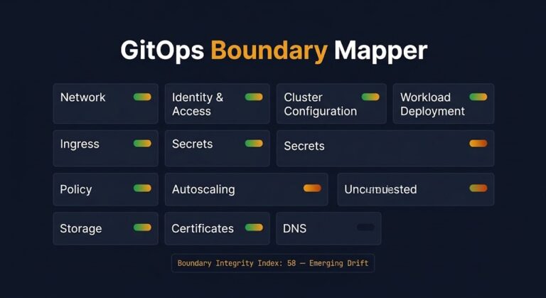 gitops boundary mapper — infrastructure authority map showing 11 domains with ownership declarations, contested zones highlighted in amber, and boundary integrity scoring across a dark background