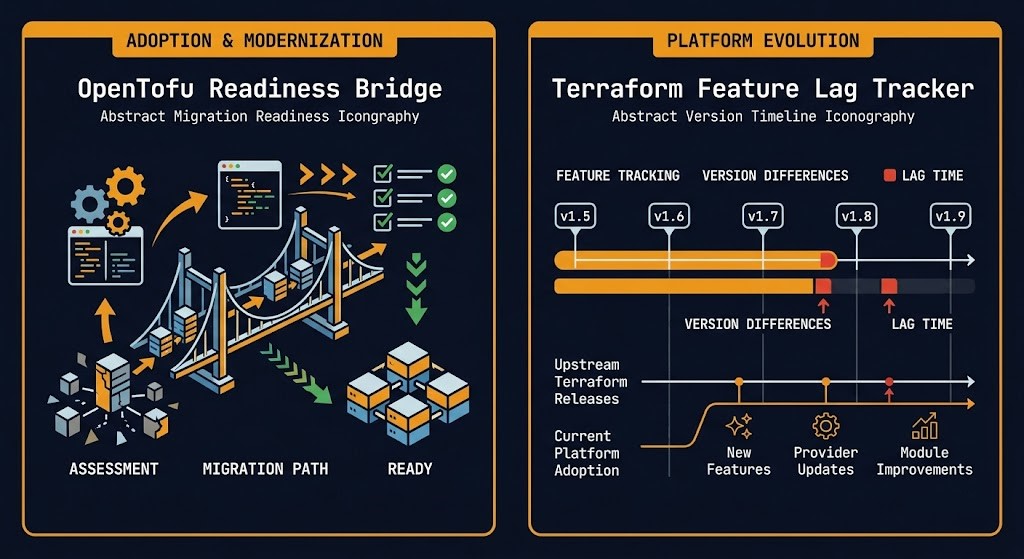 IaC governance adoption and platform evolution — OpenTofu Readiness Bridge migration analysis and Terraform Feature Lag Tracker provider lag quantification