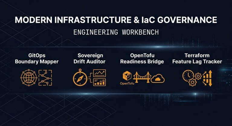 Modern Infrastructure & IaC Governance Engineering Workbench — four diagnostic tools for GitOps boundary mapping, policy drift detection, OpenTofu migration readiness, and Terraform provider lag analysis