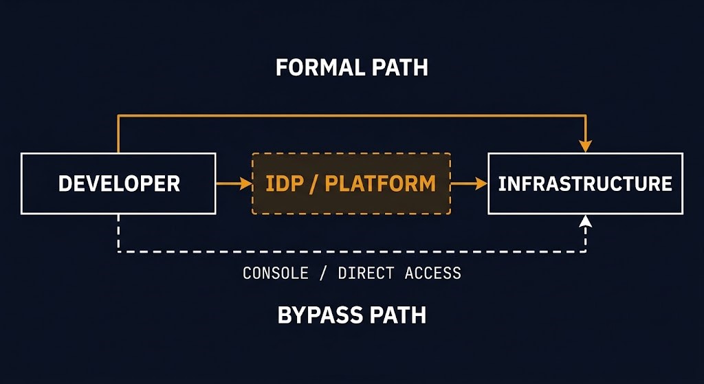 developer bypass paths around internal developer platform — formal route vs direct console access