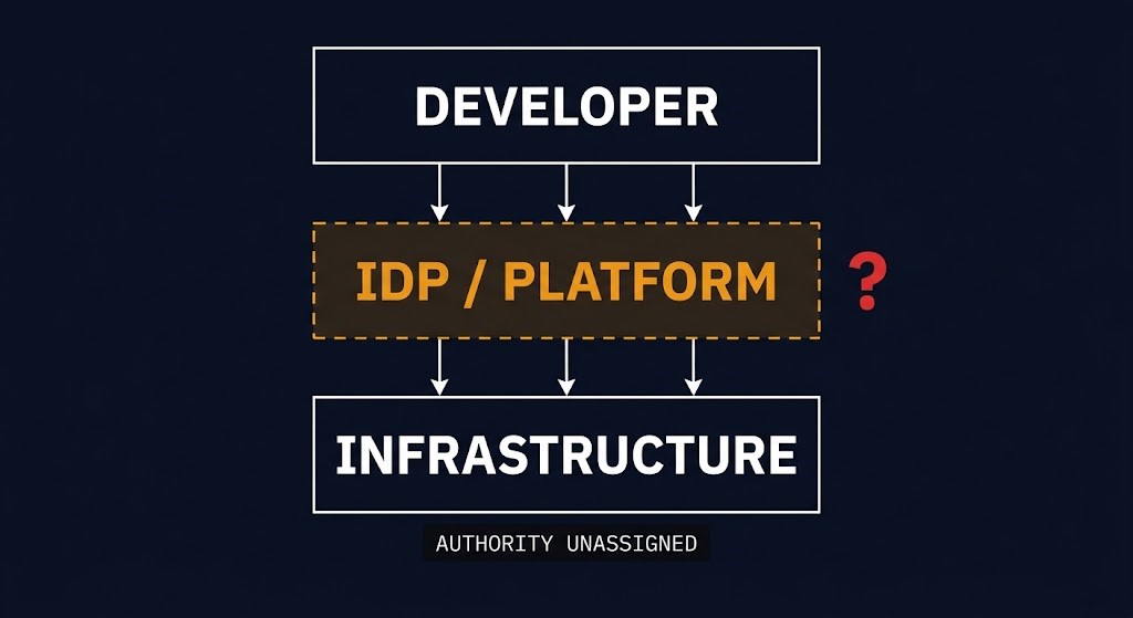 internal developer platform ownership — IDP layer inserted between developer and infrastructure with no authority assignment