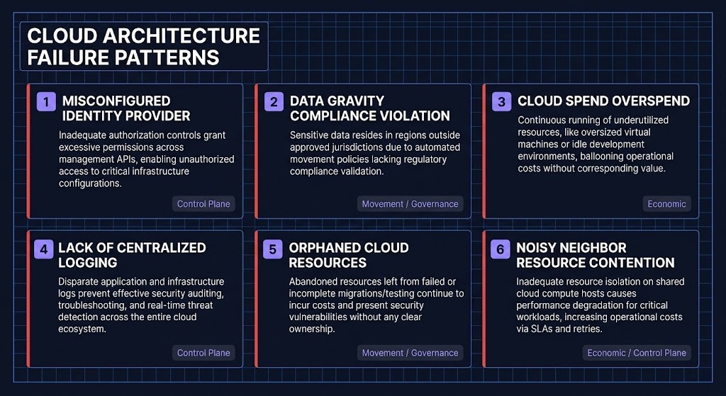 Common cloud architecture failure patterns — six anti-patterns mapped to their corresponding learning path stages, from dependency and movement through control plane authority and governance