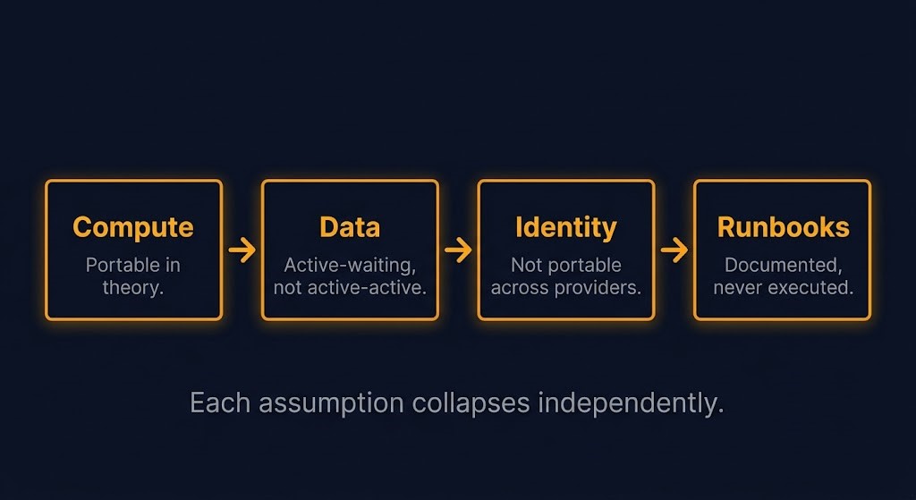 multi-cloud failover assumptions — compute, data, identity, runbooks