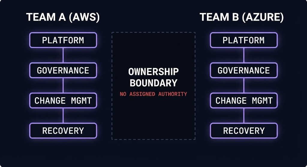 cross-cloud organizational seam — the gap between two teams is the boundary, and it has no owner