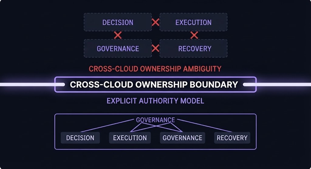 multi-cloud ownership boundary — four authority domains fragmenting at the cross-cloud seam