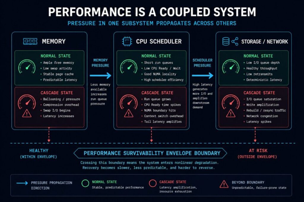 performance modeling constraint cascade — diagram showing memory reclamation escalation propagating into scheduler delay and network saturation