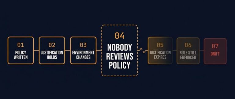 gitops policy drift — framework diagram showing a policy enforced after its justification has silently expired