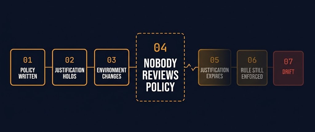 gitops policy drift — framework diagram showing a policy enforced after its justification has silently expired