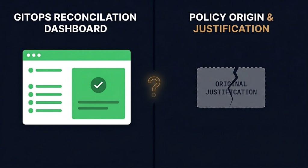 reconciliation trap — green GitOps dashboard enforcing a policy with no remaining justification