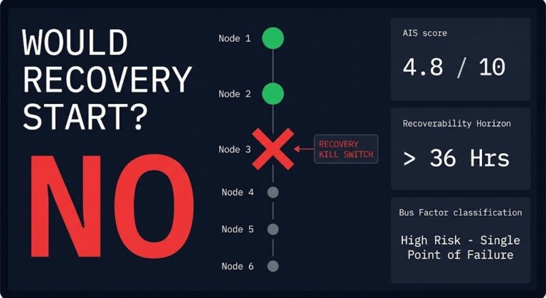ransomware recovery survivability analyzer featured image — six authority domains rendered as a broken chain with control plane authority node shown cracked in red, identity and credential authority intact in green