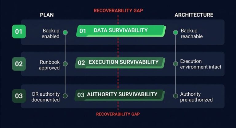 recoverability gap — three-layer survivability model for ransomware recovery architecture