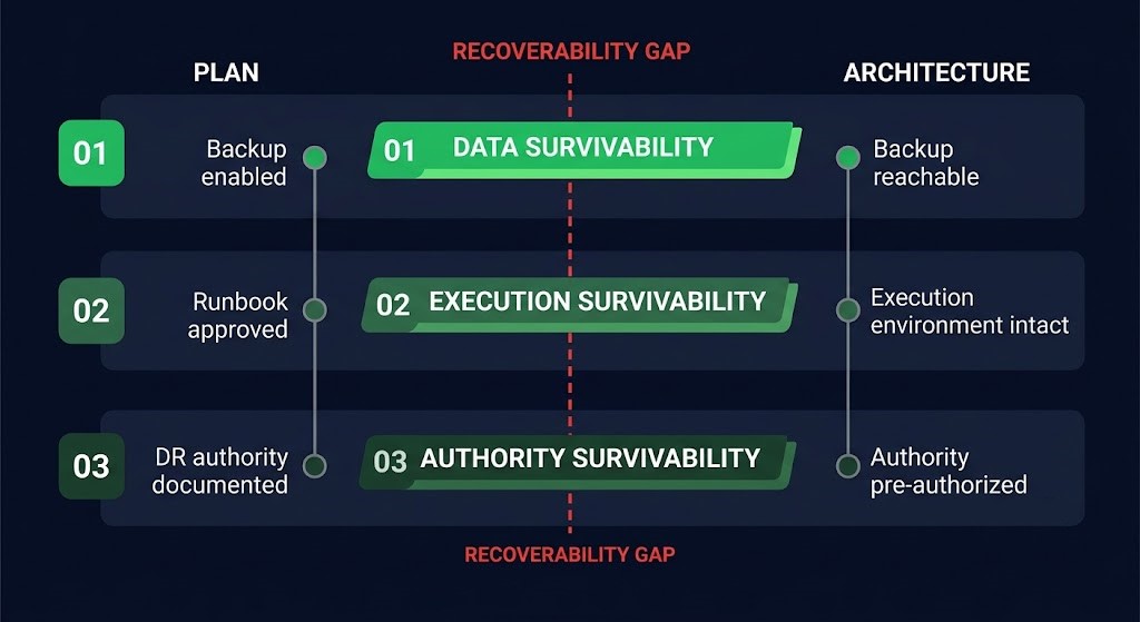 recoverability gap — three-layer survivability model for ransomware recovery architecture