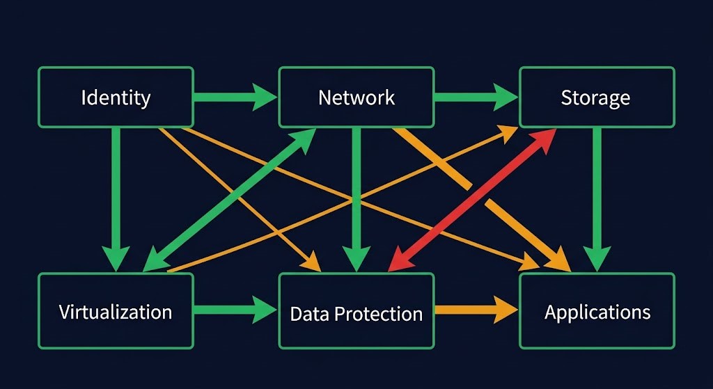 recovery dependency mapper — directed dependency graph showing six recovery categories as nodes with weighted edges representing declared dependencies and coupling strength