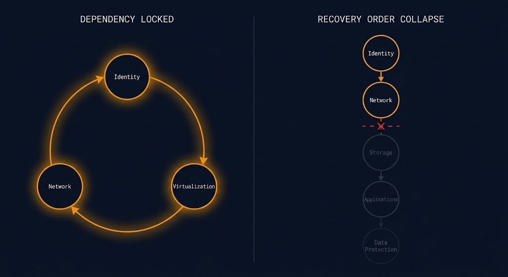 recovery dependency spiral — circular dependency loop showing Identity depending on Virtualization depending on Network depending on Identity, and a broken linear sequence showing recovery order collapse between Identity and Network