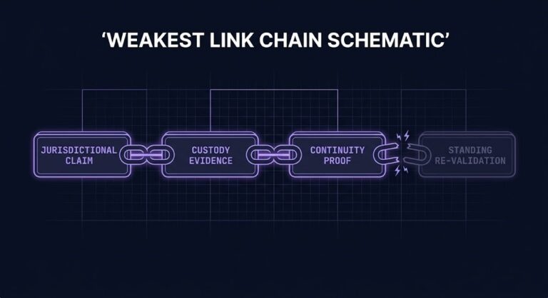 sovereignty evidence — the four-link chain from jurisdictional claim to standing re-validation
