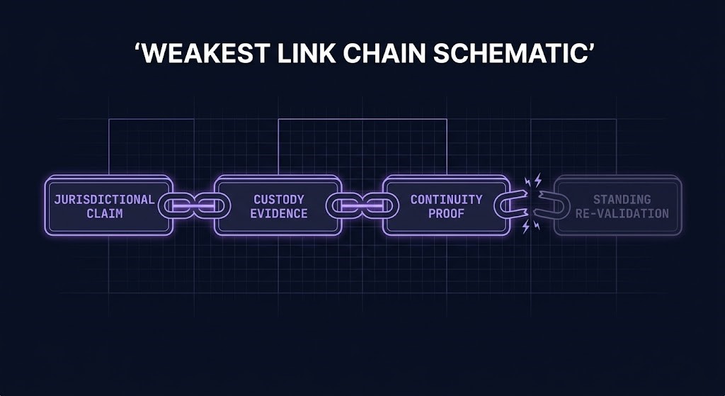 sovereignty evidence — the four-link chain from jurisdictional claim to standing re-validation