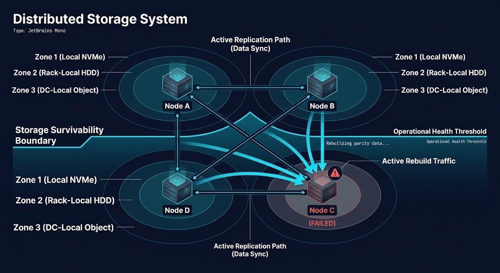 storage architecture — distributed storage failure domain diagram showing node replication paths, data locality zones, and rebuild traffic under failure