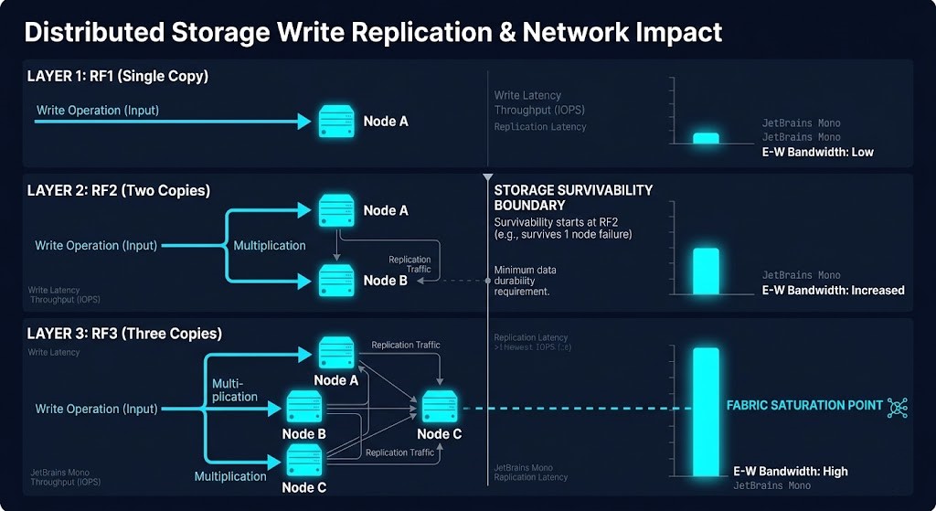 storage architecture write amplification — replication economics diagram showing FTT policy layers and east-west bandwidth consumption under write load