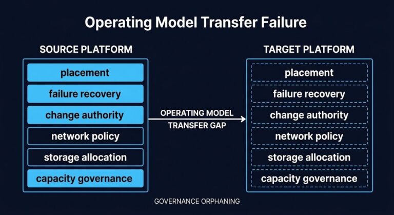 virtualization operating model migration — four-stage governance transfer gap diagram