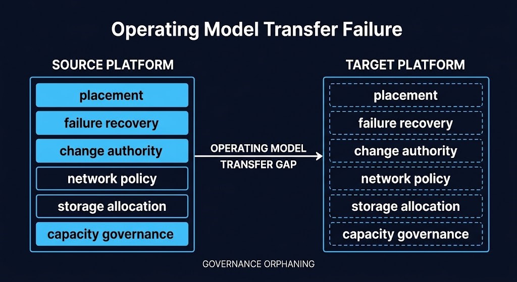 virtualization operating model migration — four-stage governance transfer gap diagram
