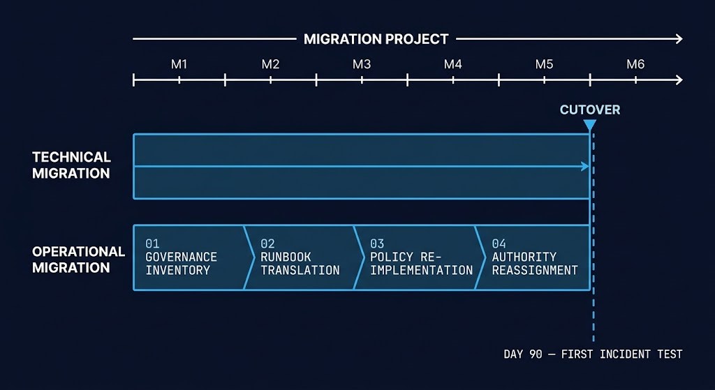 operational migration workstreams — four parallel tracks running alongside technical migration