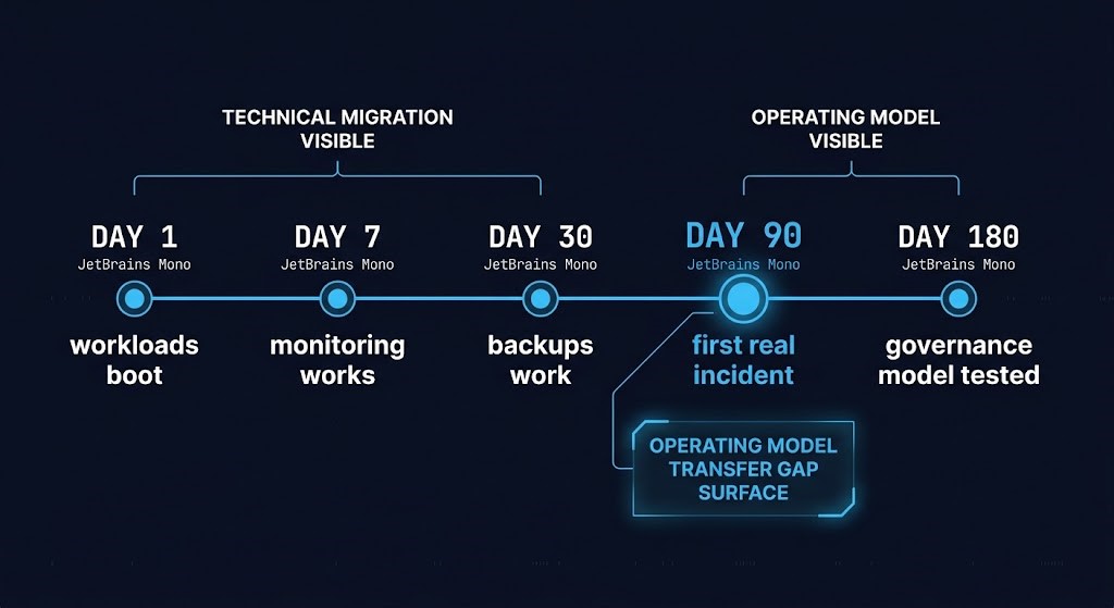 migration success timeline — day 1 through day 180 operational maturity signal