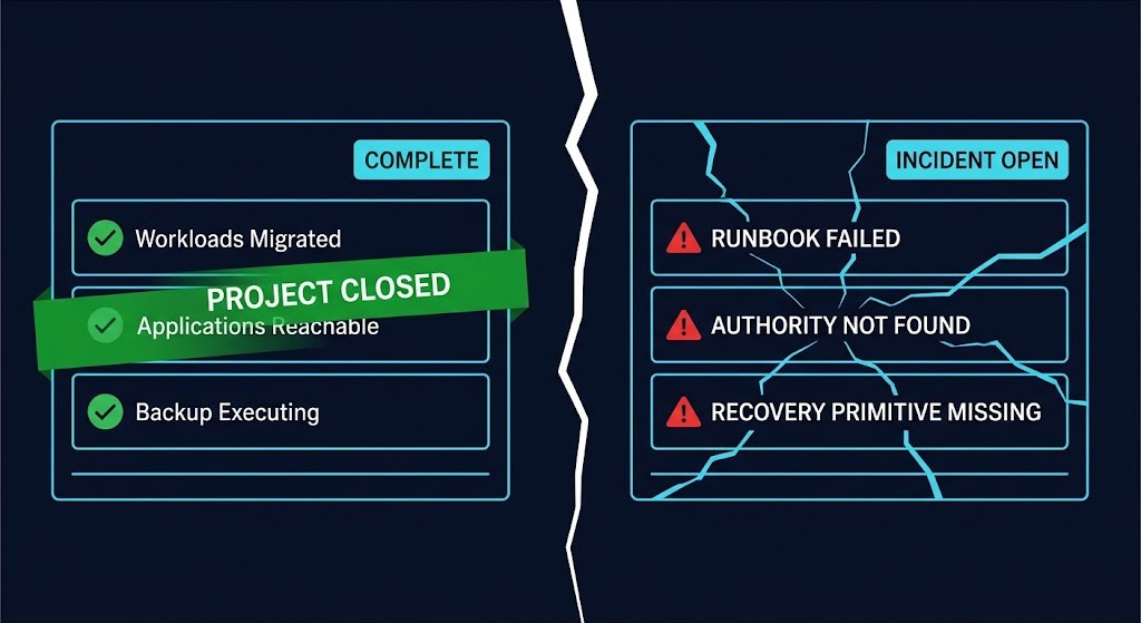 vmware exit survivability — migration project dashboard showing green completion state fracturing into red incident state