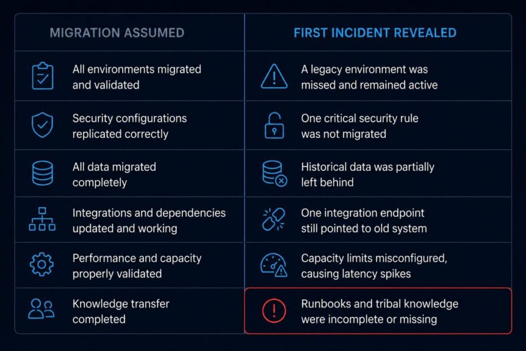 vmware exit survivability gaps — six-row comparison of migration assumptions versus first incident realities