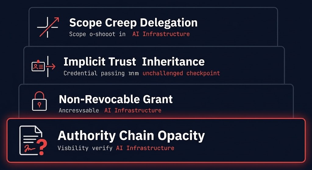 Four failure states of the Agentic Authority Boundary — scope creep, implicit trust inheritance, non-revocable grant, authority chain opacity