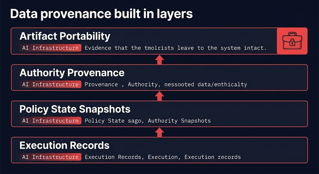 Four components of an AI authorization trail — execution records, policy state snapshots, authority provenance, artifact portability