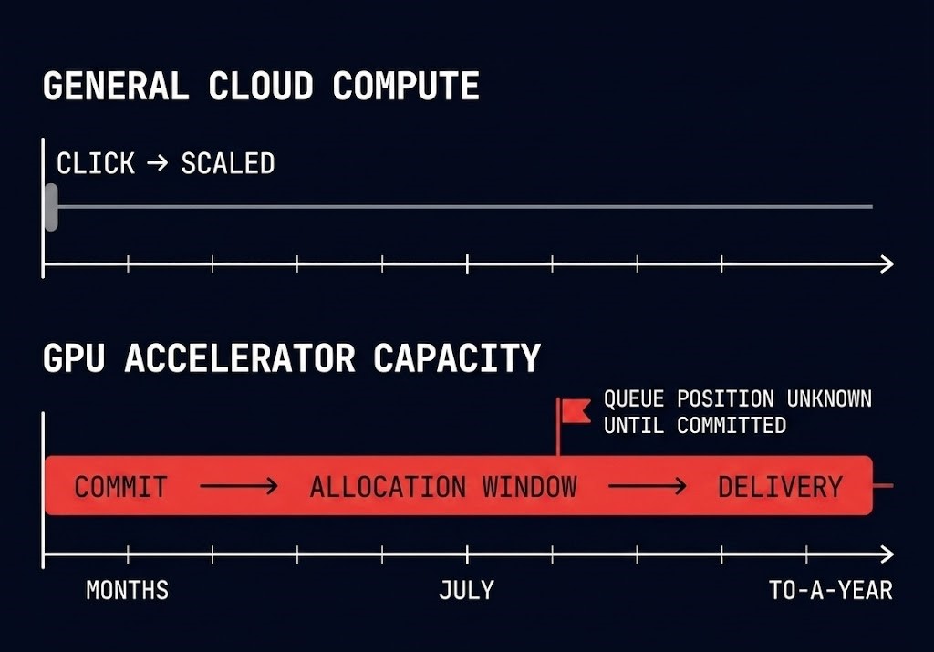GPU accelerator lead times versus cloud elasticity — order-to-delivery timeline compared to instant scaling