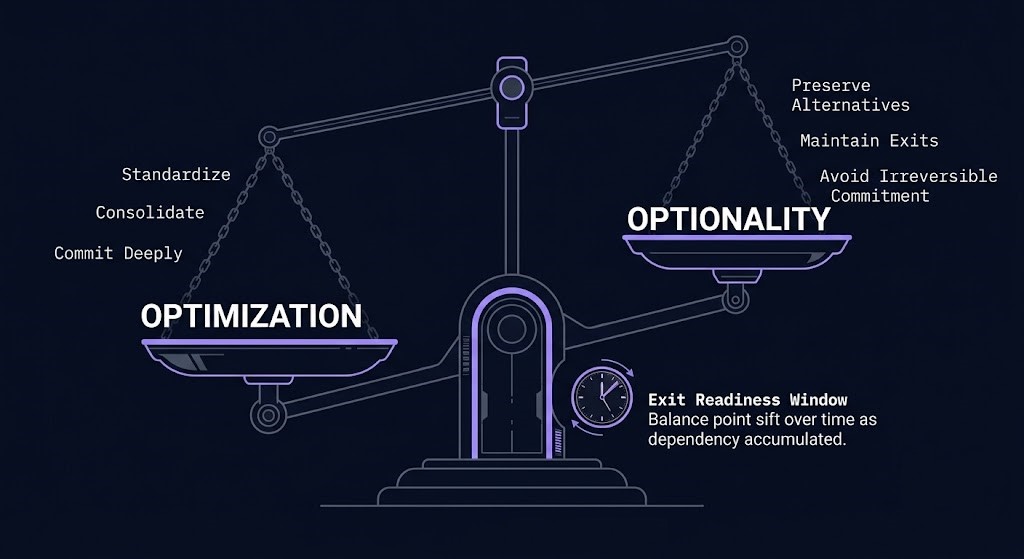optimization versus architectural optionality comparison — standardize vs preserve alternatives, consolidate vs maintain exits
