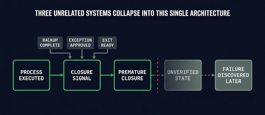 premature closure — process execution reported as success without state verification