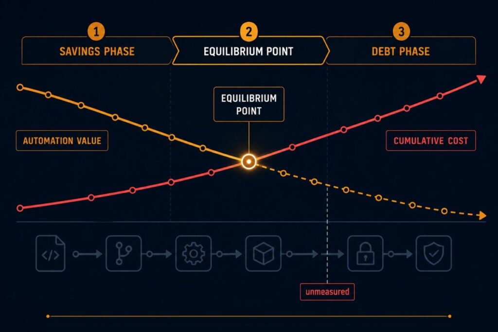 automation debt curve — three-phase model showing build, stabilize, and sustain costs diverging over time