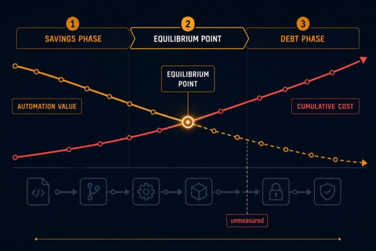 automation debt curve — three-phase model showing build, stabilize, and sustain costs diverging over time