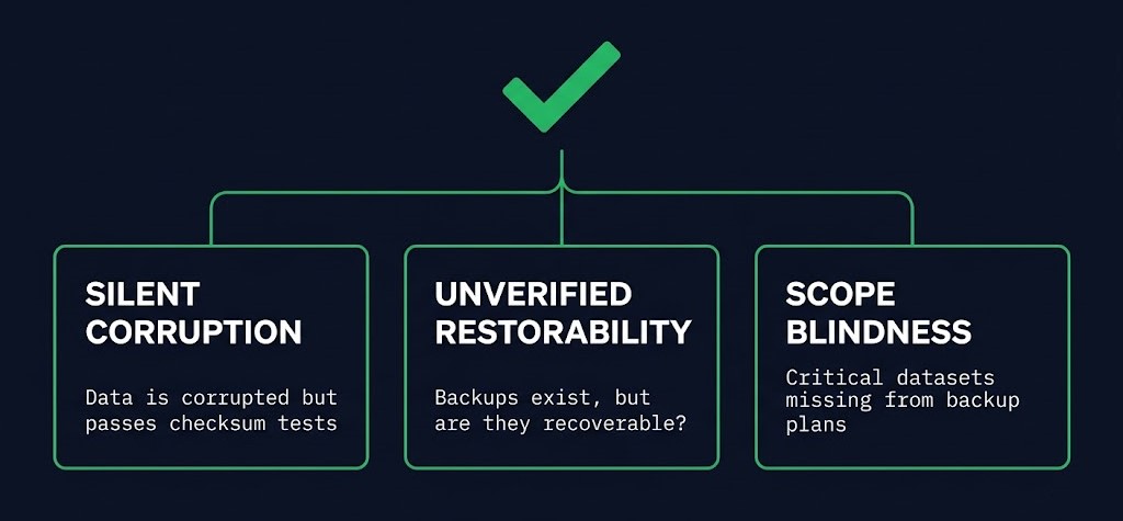 three hidden backup failure modes — silent corruption, unverified restorability, scope blindness