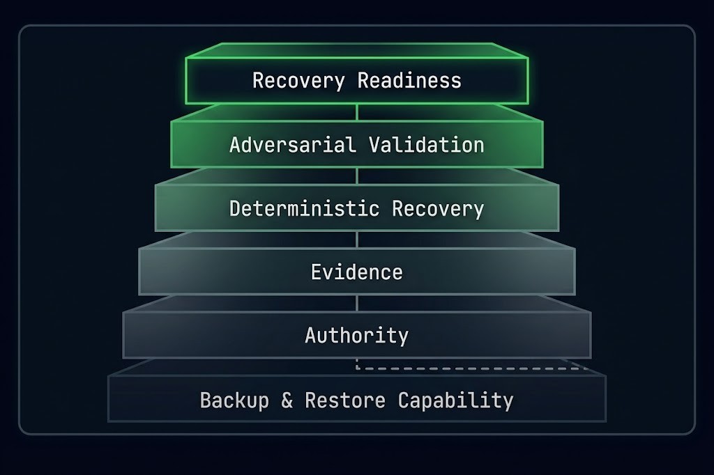 board-grade recovery readiness stack — backup, authority, evidence, determinism, adversarial validation