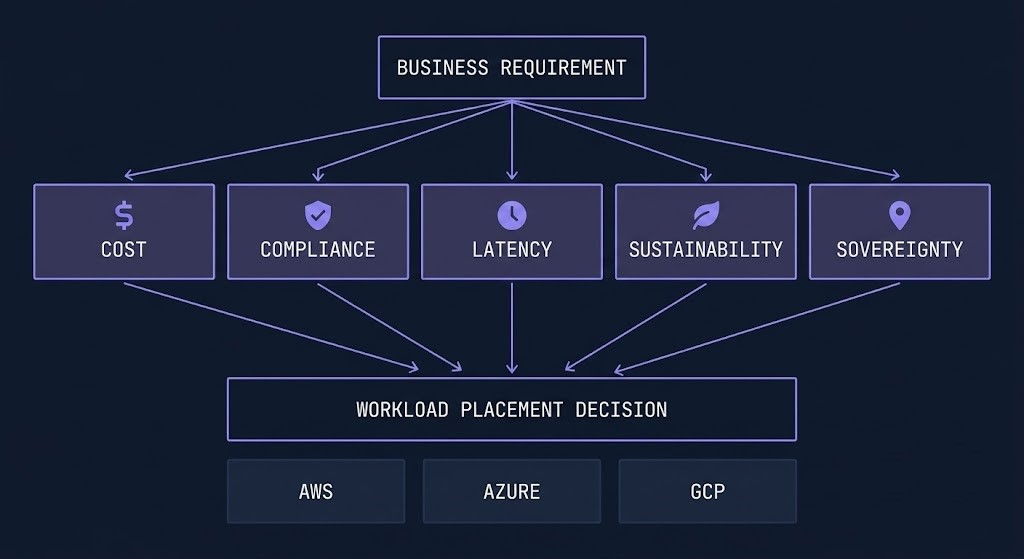 cloud arbitration layer — five arbitration vectors converging between business intent and cloud control planes