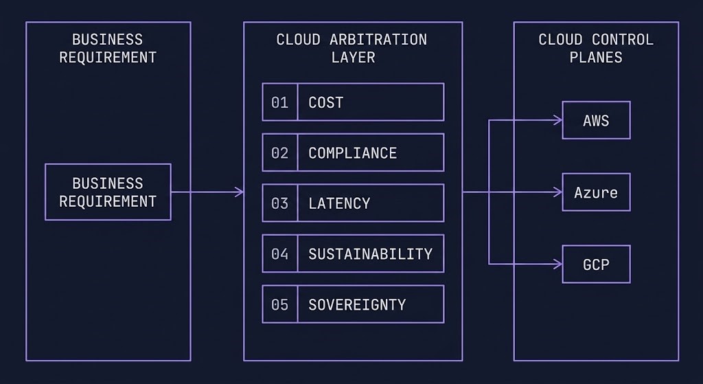 cloud arbitration layer flow diagram — business requirement through five arbitration vectors to AWS Azure GCP control planes