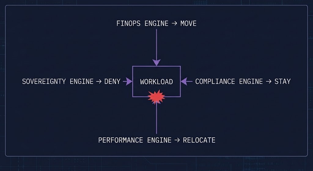 cloud arbitration layer — four arbitration engines issuing conflicting placement decisions on a single workload