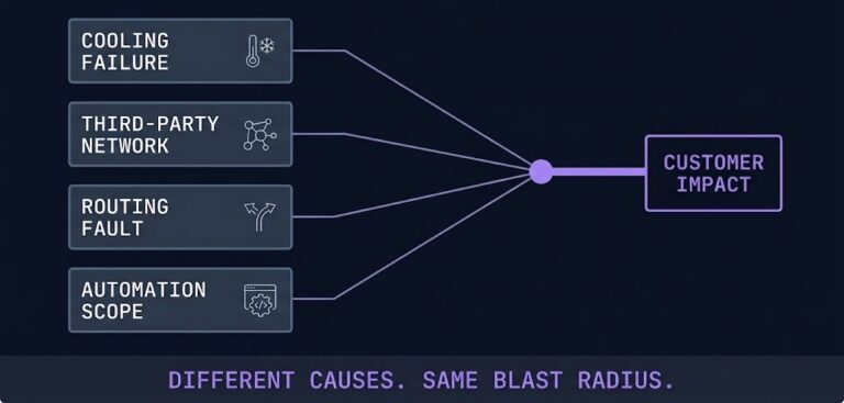 blast radius — four unrelated cloud outage causes converging on one identical customer impact