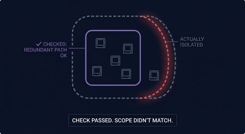blast radius — Azure redundant-path guardrail passing while automation scope exceeds the checked boundary