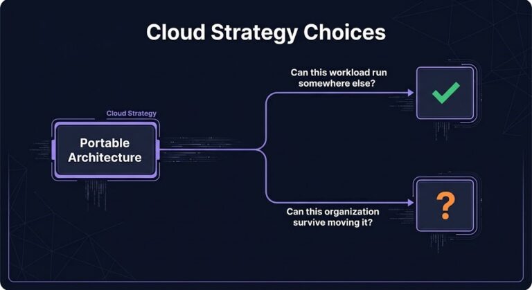 cloud exit validation — portability claim vs. exit validation proof, two-question architecture diagram