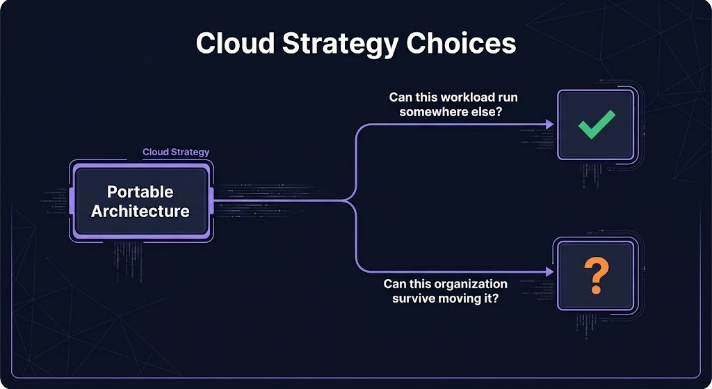 cloud exit validation — portability claim vs. exit validation proof, two-question architecture diagram