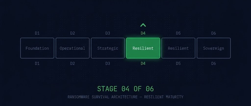 Data Protection & Resiliency Learning Path maturity spine — Ransomware Survival Architecture highlighted as Resilient stage D4 of D6