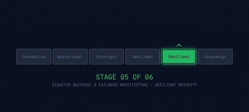 Data Protection & Resiliency Learning Path maturity spine — Disaster Recovery & Failover Architecture highlighted as Resilient stage 5 of 6