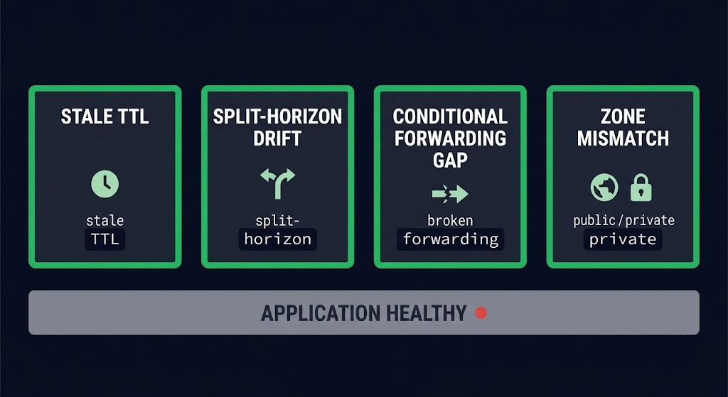 disaster recovery dependencies DNS failure modes — stale TTL, split-horizon drift, conditional forwarding, zone mismatch
